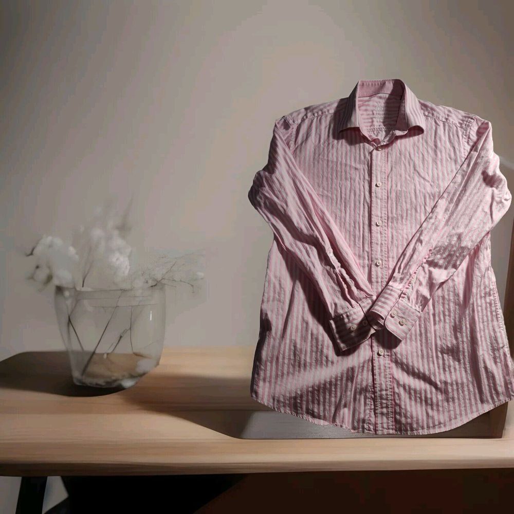 Bugatchi Mens 16.5 32/33 Pink White Striped Dress Button Long Sleeve Shirt 816